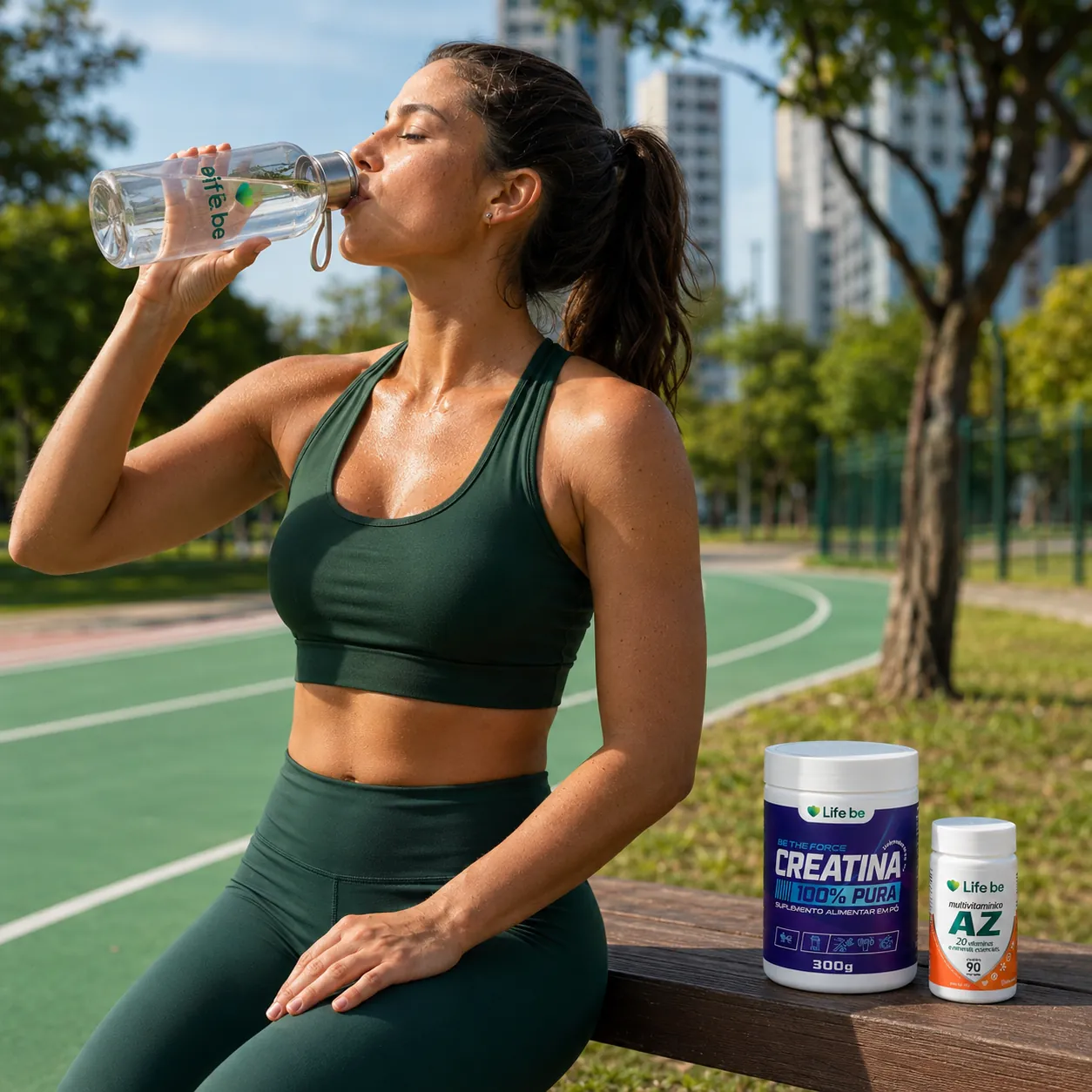 Garrafa Life Be usada como acessório em cena de rotina, ao lado dos produtos
